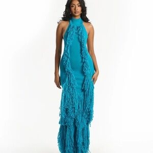 Hanifa Elegant Teal Halter Fringe Dress